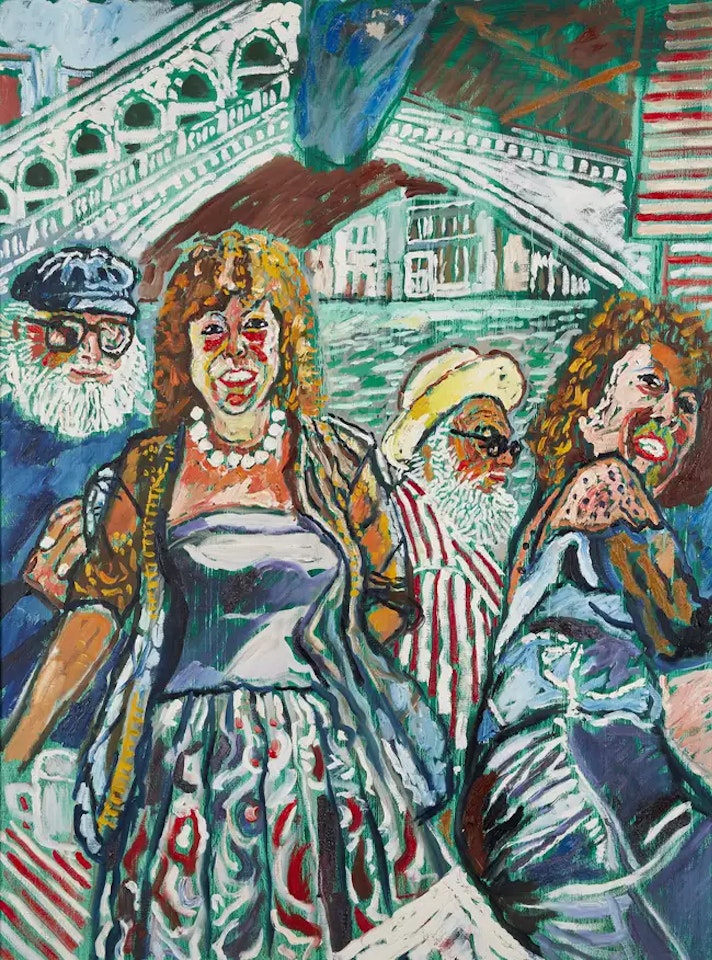 Self-Portrait and Patti, twice, with the Rialto Bridge, Venice by John Bratby