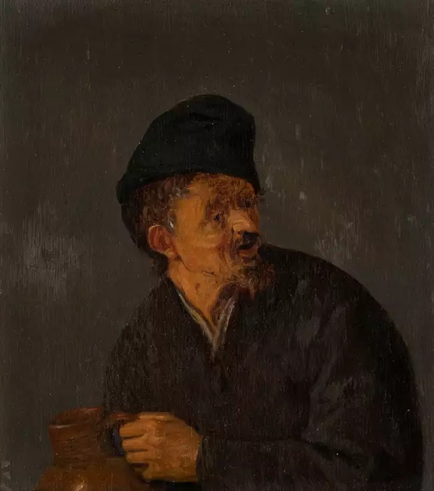 A Peasant man wearing a cap and holding a jug by Adriaen van Ostade