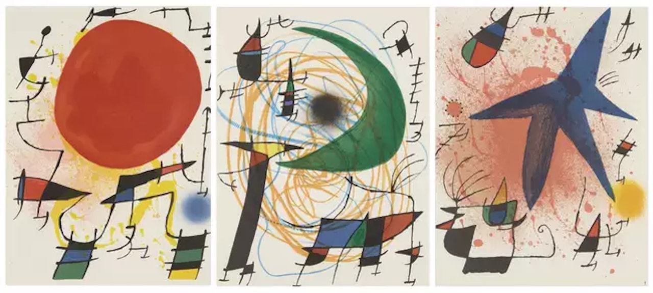 L'Astre Bleu, Le Soleil Rouge, La Lune Vert [Mourlot 857, 859 and 861] by Joan Miró