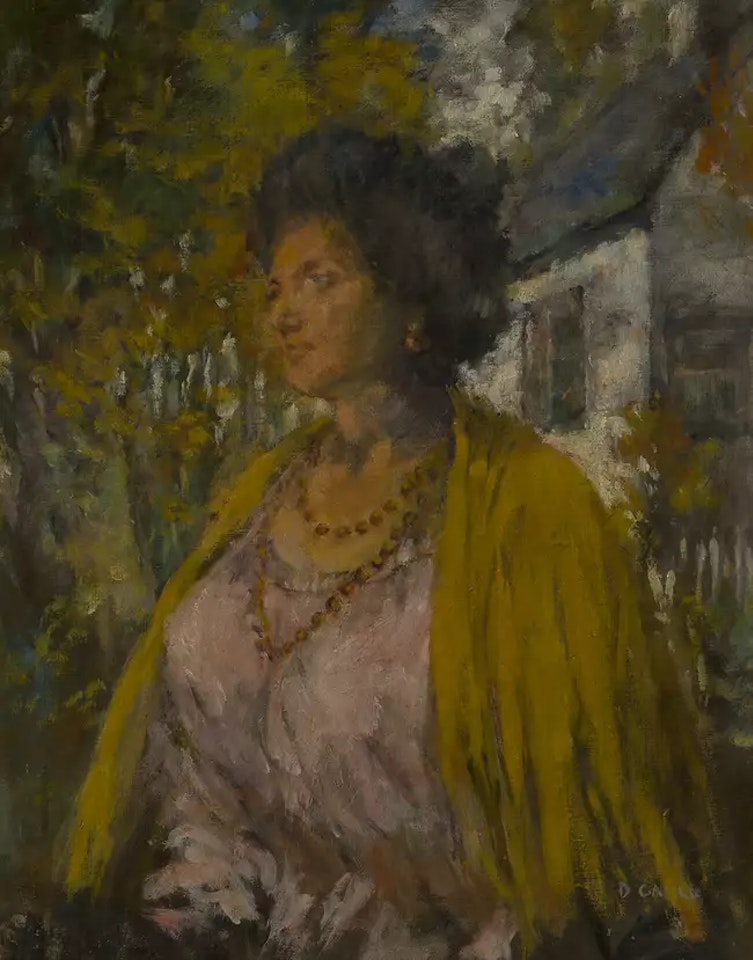Portrait of a woman, half-length in a yellow shawl by David Gauld