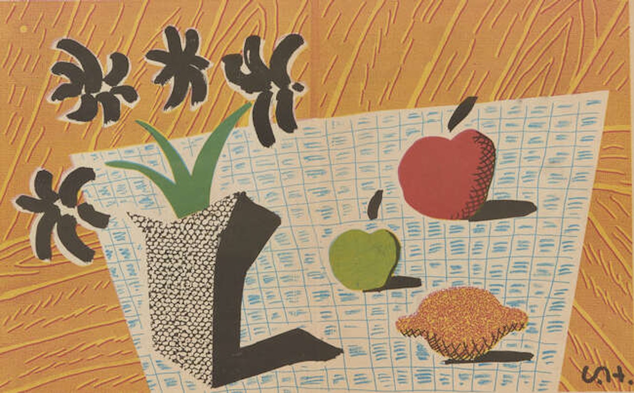 Two Apples, One Lemon and Four Flowers by David Hockney