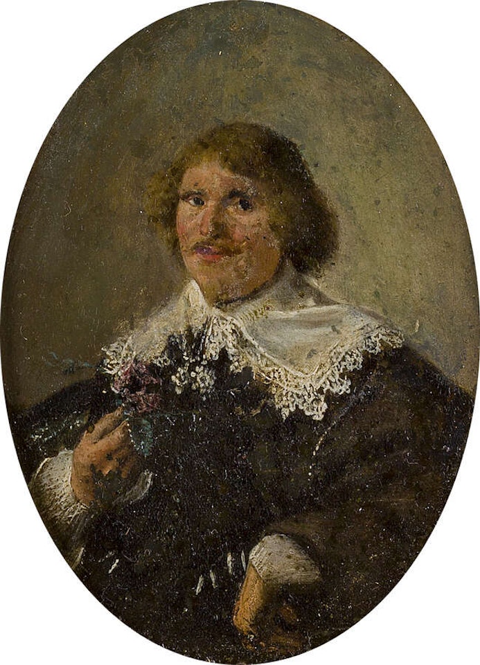 Portrait of a man, half-length turned to the left, holding a flower by Dutch School