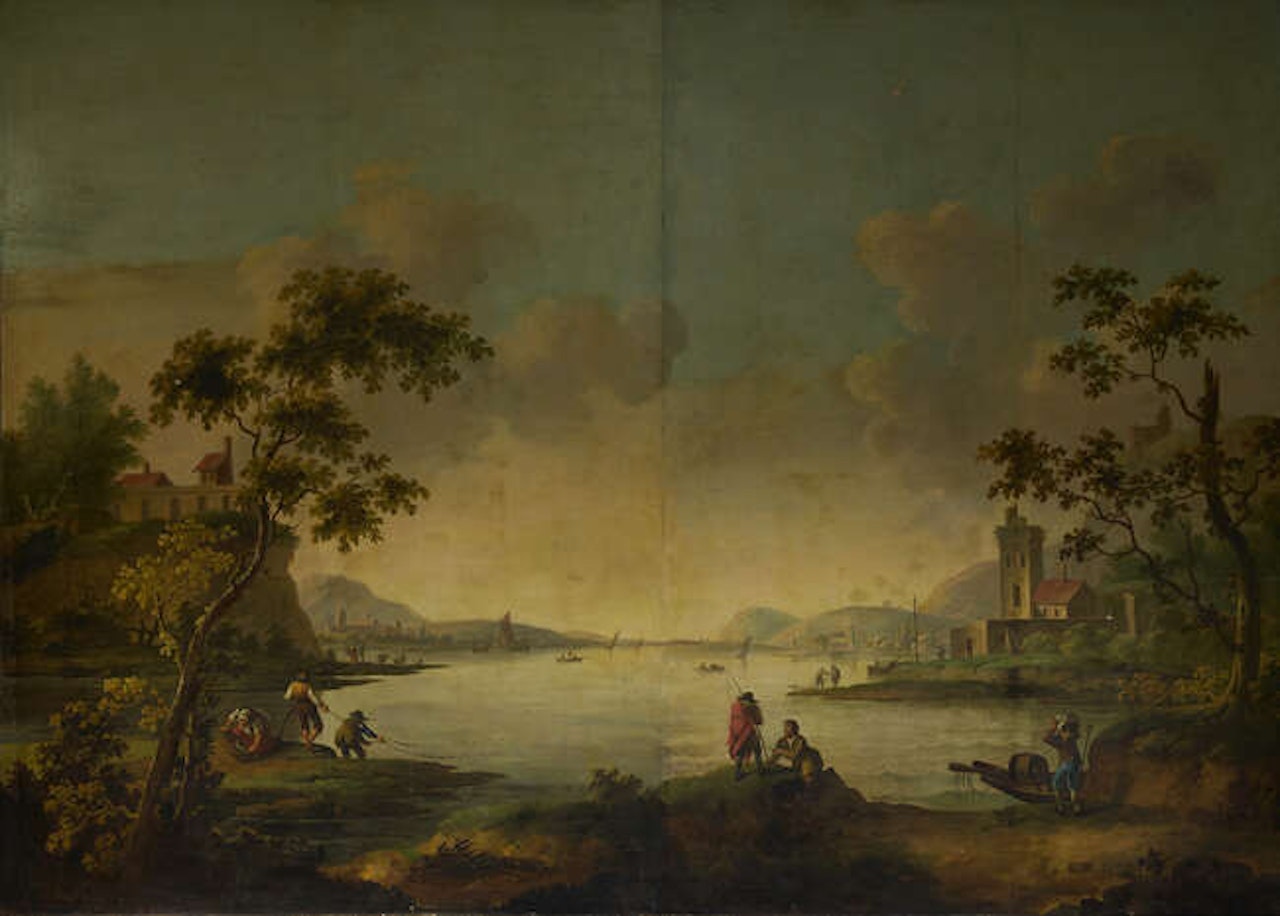 Capriccios of fisherfolk unloading their catch on the shores of a harbour with shipping, fortified promontories and woodland by Claude Joseph Vernet