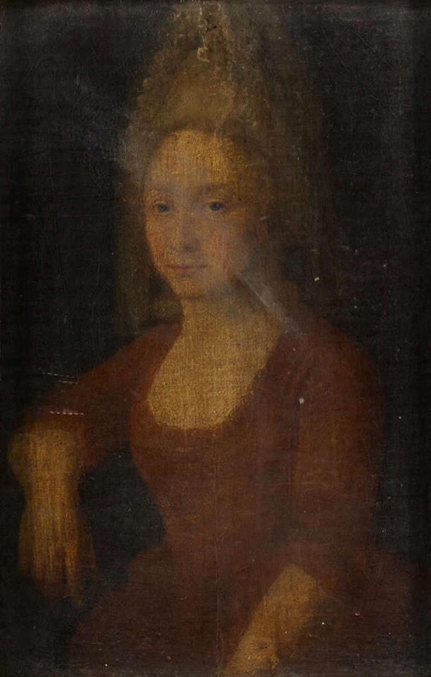 Portrait of a lady in a red dress, seated three-quarter-length turned to the left by German School