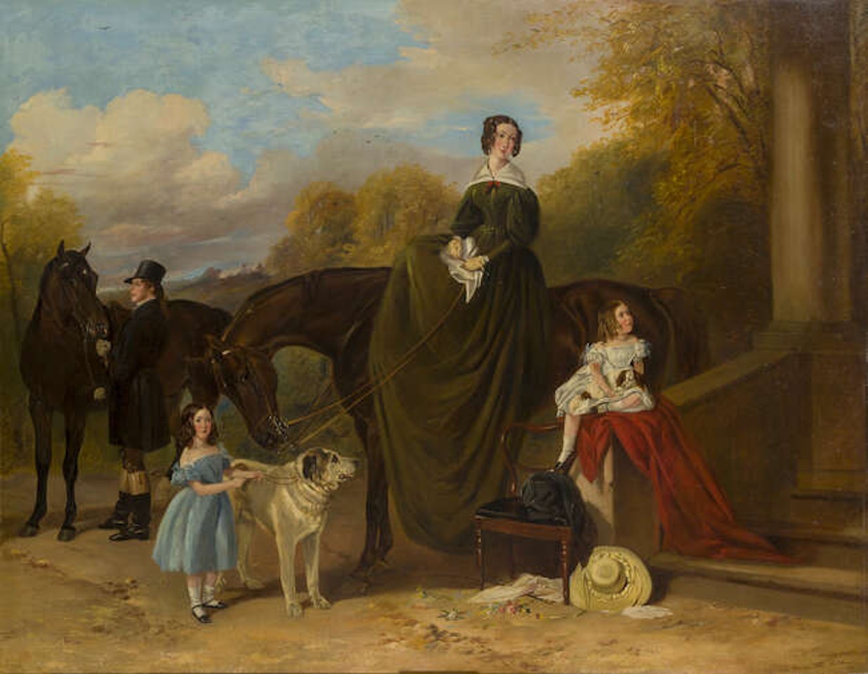 Family scene with hunters and pet dogs by Richard Ansdell