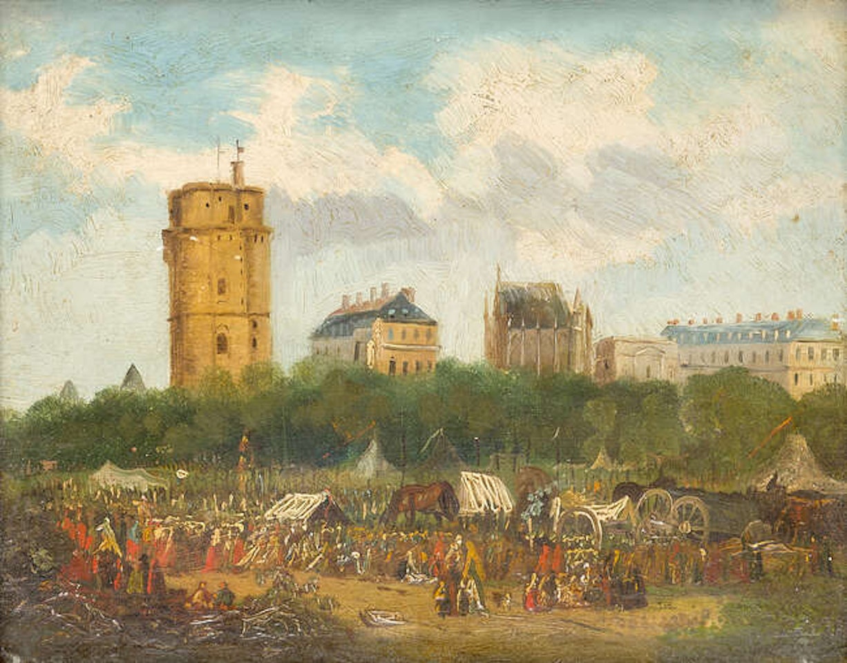 Military encampment with the Château de Vincennes and Sainte-Chapelle de Vincennes in the distance by French School