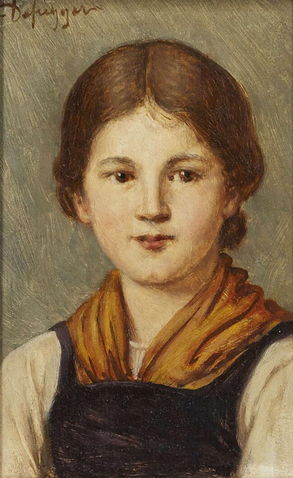 Portrait of a girl quarter-length in a brown apron and white shirt by Franz von Defregger