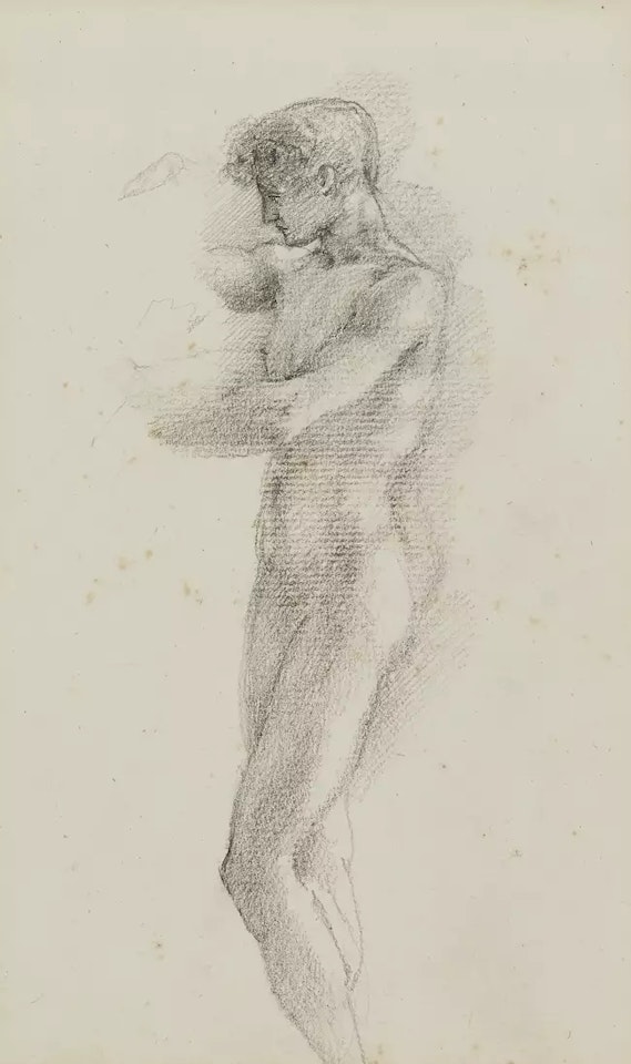 A Nude male, full-length, facing left for the Altar of Hymen in the last of the Pygmalion series by Edward Coley Burne-Jones