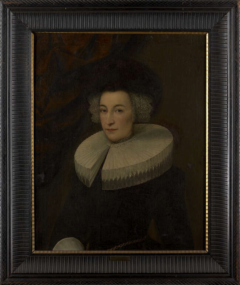 Portrait of Maria Catharina Schoner , half-length, wearing a black gown with stiff lace collar and gold waist chain by Dutch School