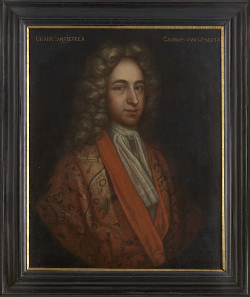 Portrait of Christian Ziegler , half-length wearing a floral gown and white silk scarf by Dutch School