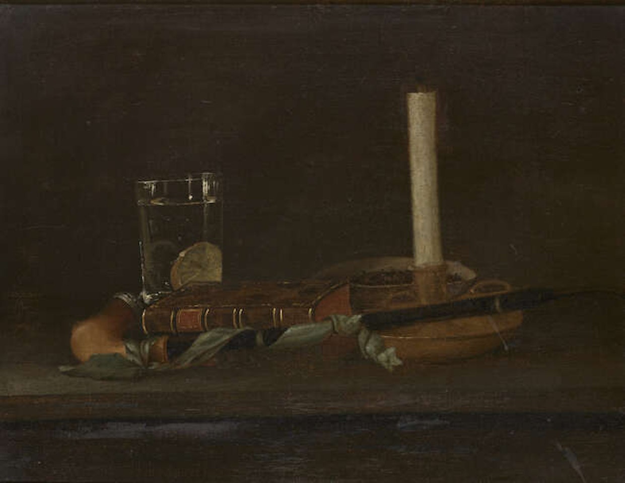 Still life of a chamber stick, a meerschaum pipe, a book and a glass with a lemon by French School