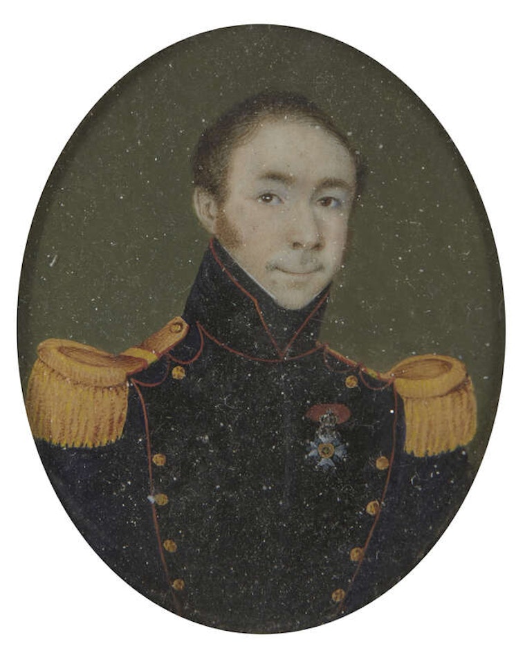 Portrait miniature of J F S Blanpain, capitaine dartillerie de la Garde Civique de Namurm Chevalier le 15/12/, ne a Bruxelles le 29 Mrs 1797, quarter-length in a blue uniform, oval, in a fruitwood veneered rectangular frame with glazed oval aperture with gilded metal sight edge, 6.7x5.4cm by French School