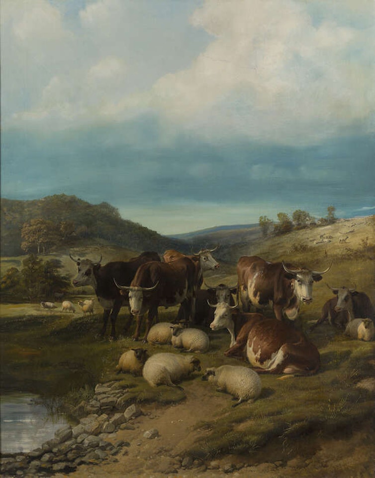 Cattle and sheep at a watering place by Thomas Sidney Cooper