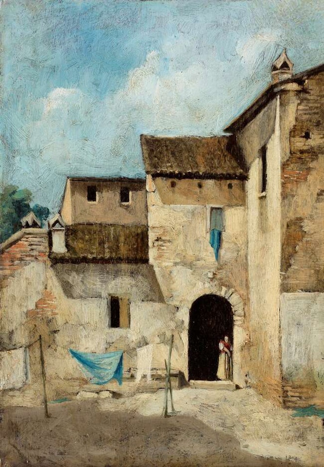 A courtyard with a woman standing in the doorway and hanging washing by Jean Baptiste Camille Corot