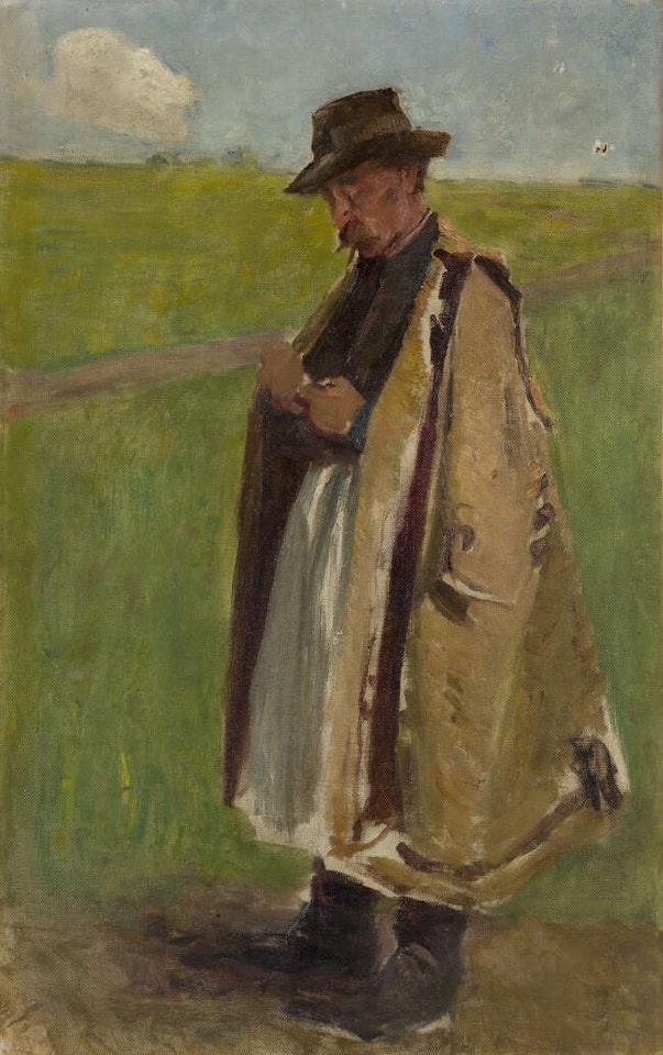 A man standing in a field on a summer's day, wearing a coat and hat by German School