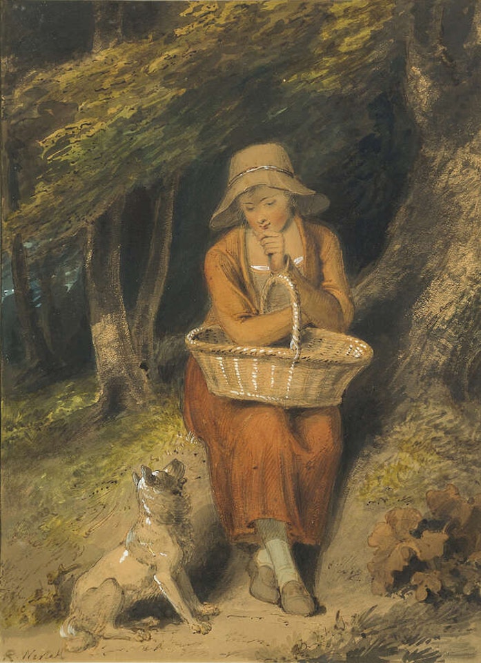 Girl seated in a glade with attentive dog by Richard Westall
