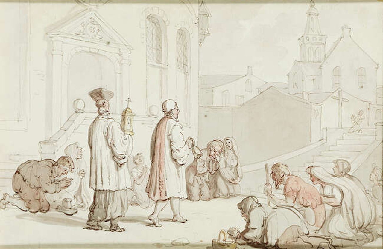 A religious procession with street worshippers by Thomas Rowlandson