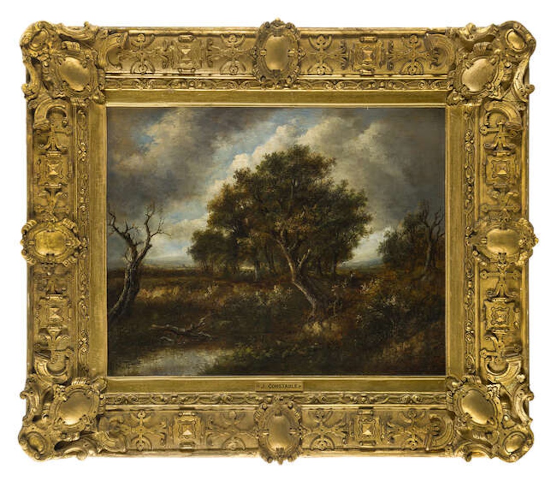 Landscape with a figure, woodland and a stream by Dutch School