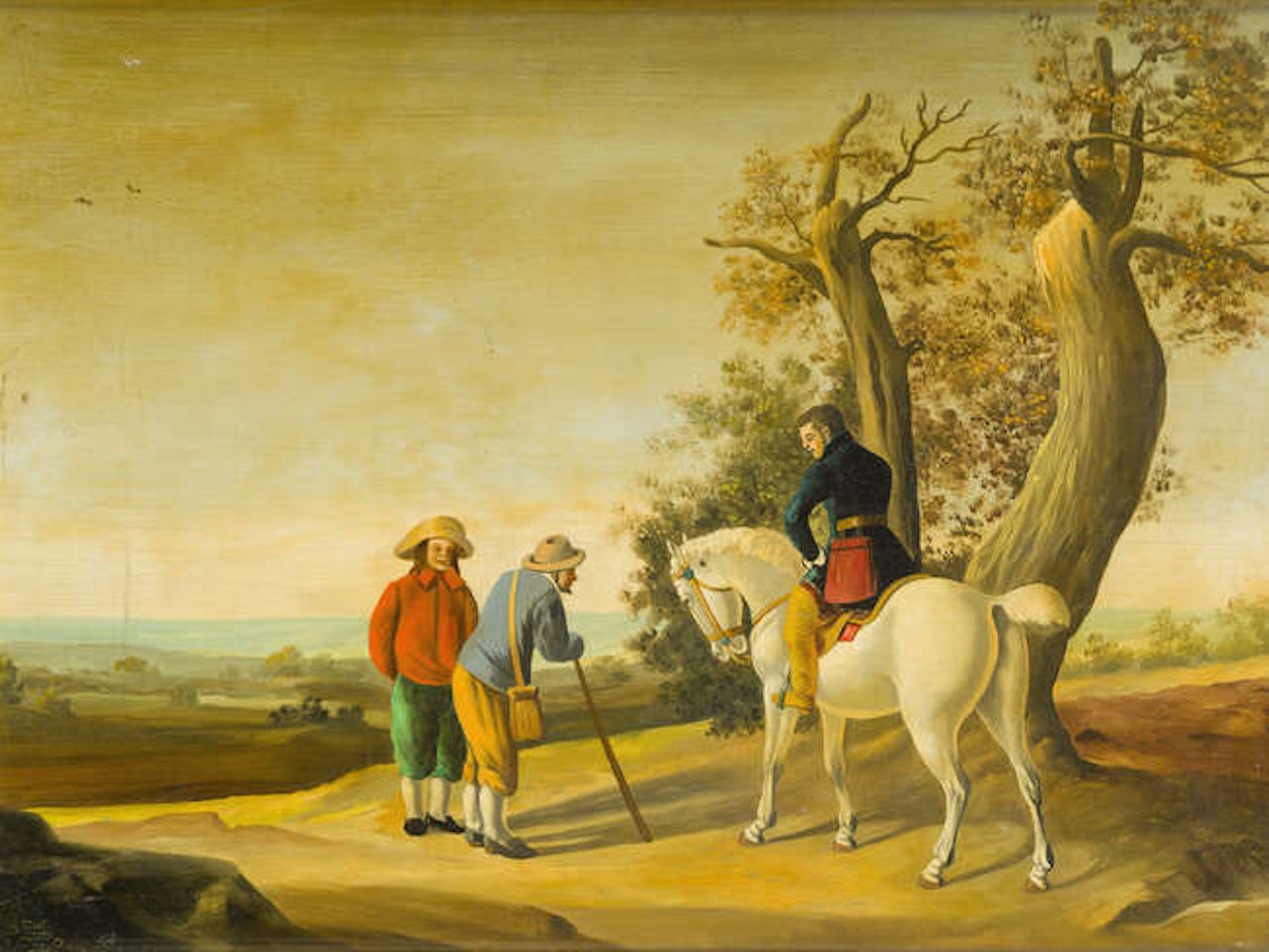 A pastoral scene, gentleman on a grey horse with two travellers by Neapolitan School
