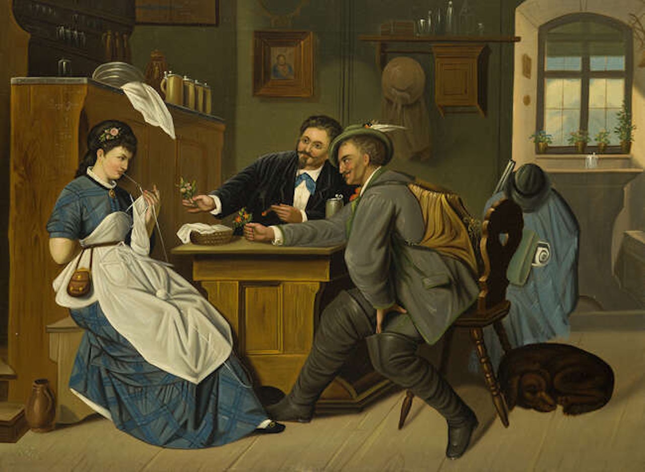 Two suitors with a woman in a tavern interior and a group of figures with a priest at a table in a tavern by German School