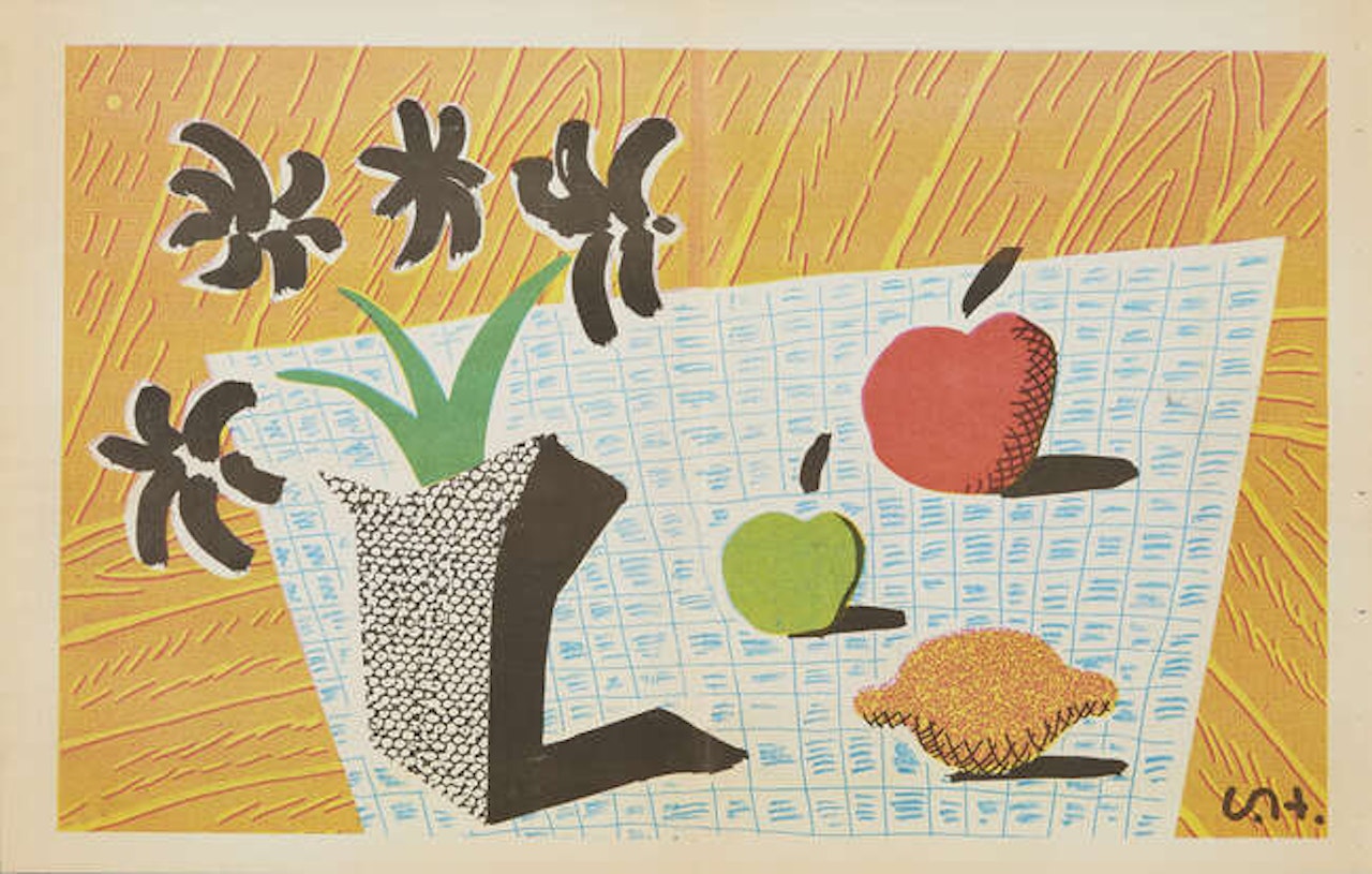 Two Apples, One Lemon and Four Flowers by David Hockney