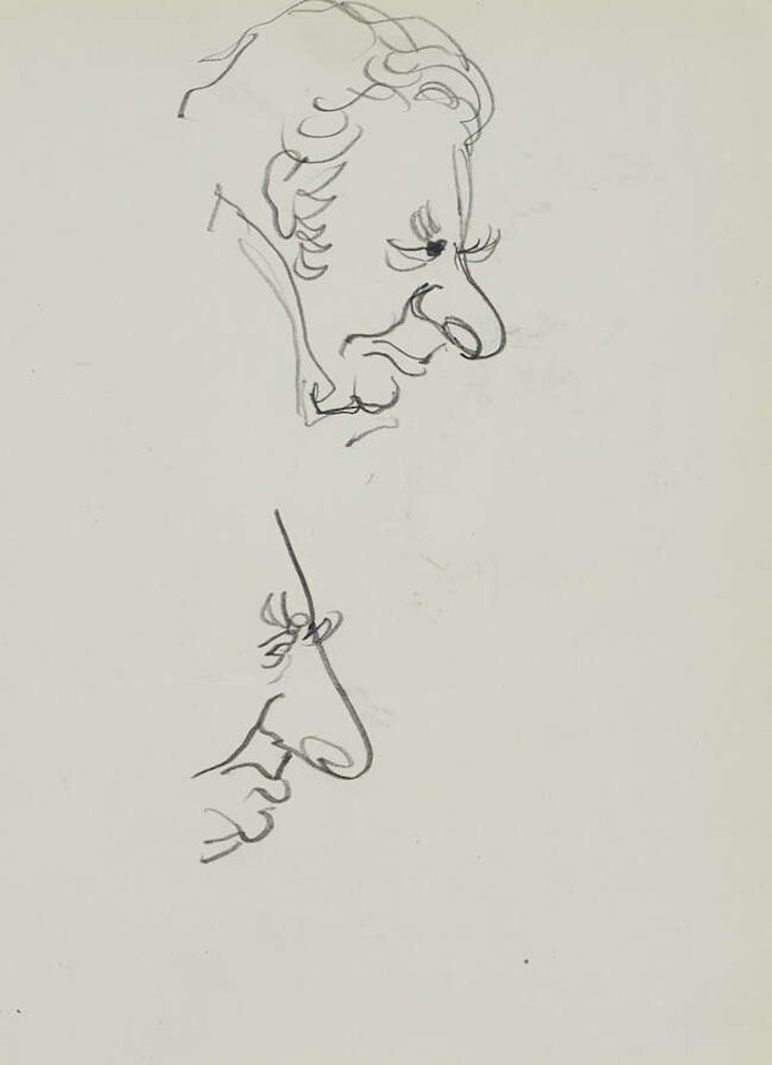 Hugh Griffith as Belmann at the Arts Theatre, (recto); Characters from 'The Dark is Light Enough' (verso) by Ronald Searle
