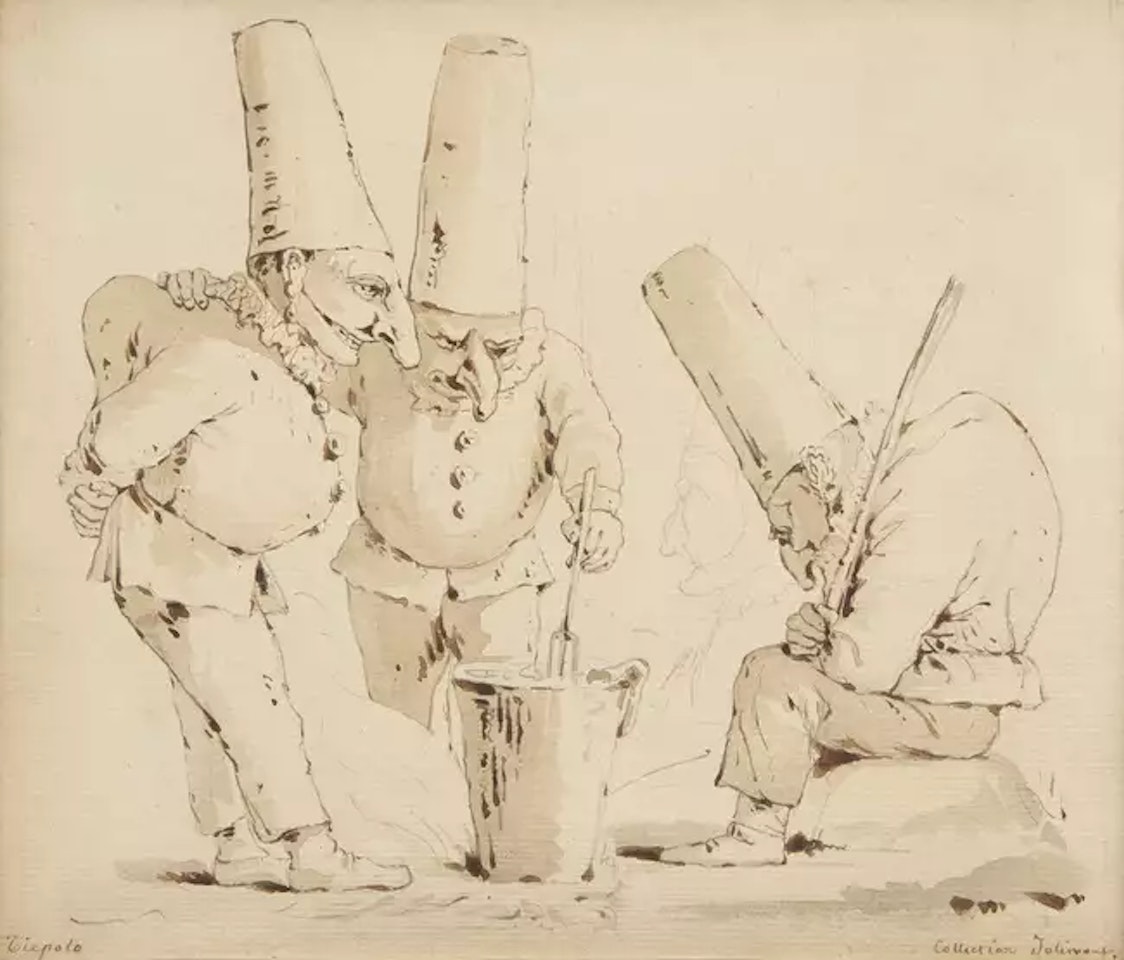Three Punchinelli gathered around a gnocchi pot by Giovanni Battista Tiepolo