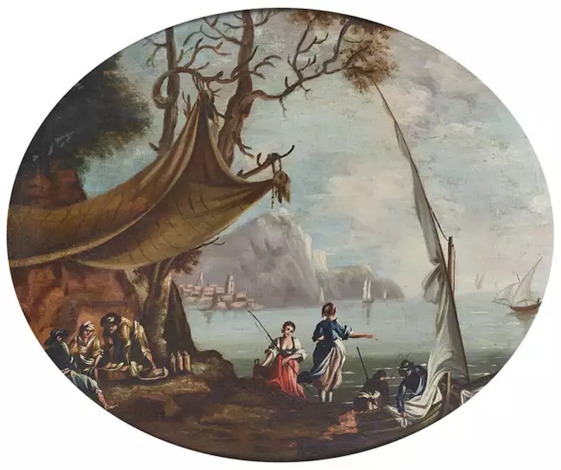 Italian mountainous coastal scenes with figures in the foreground by Neapolitan School