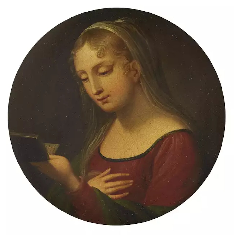 A portrait miniature of a woman, quarter-length turned to the left, holding a book by French School