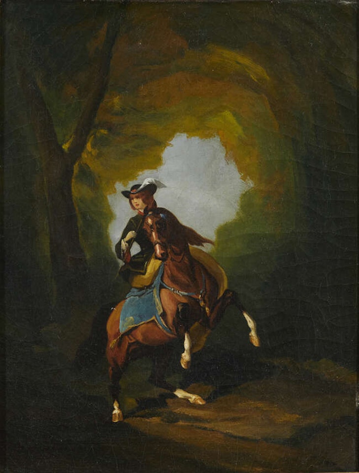 Woman riding a rearing horse in a wooded landscape by French School
