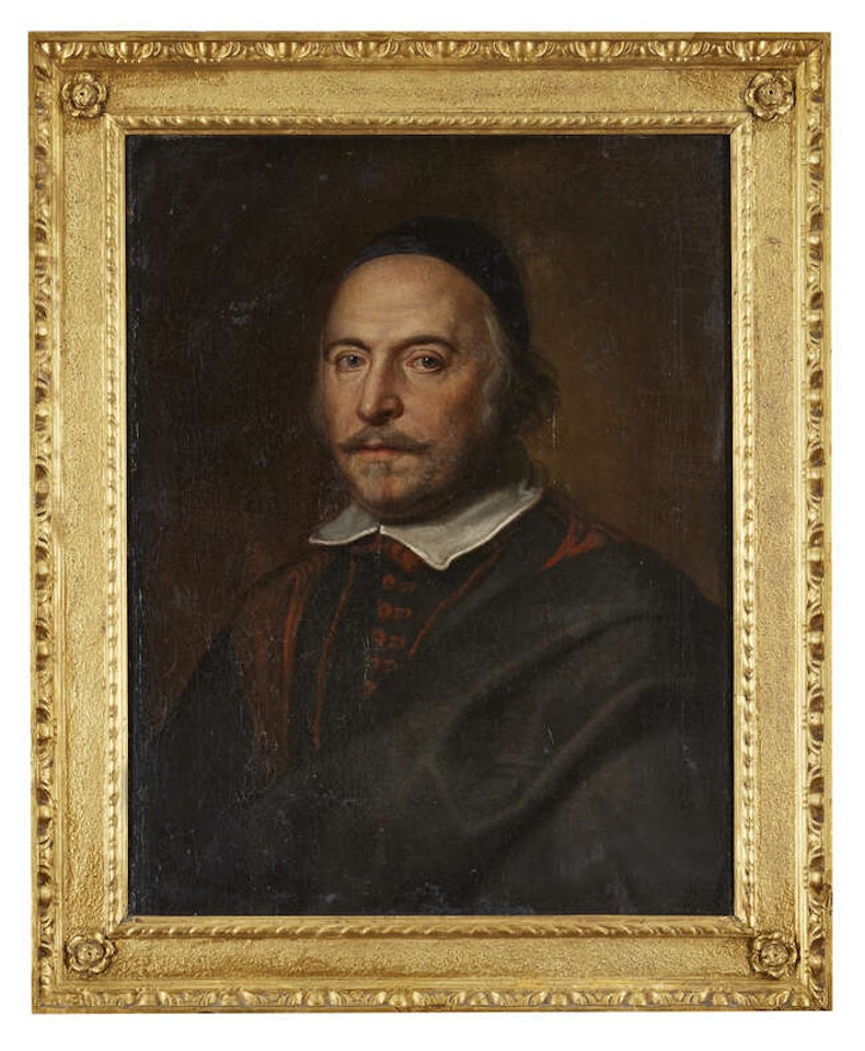 Portrait of a gentleman, quarter-length turned to the left in a red embroidered waistcoat, black robes and black cap by Flemish School