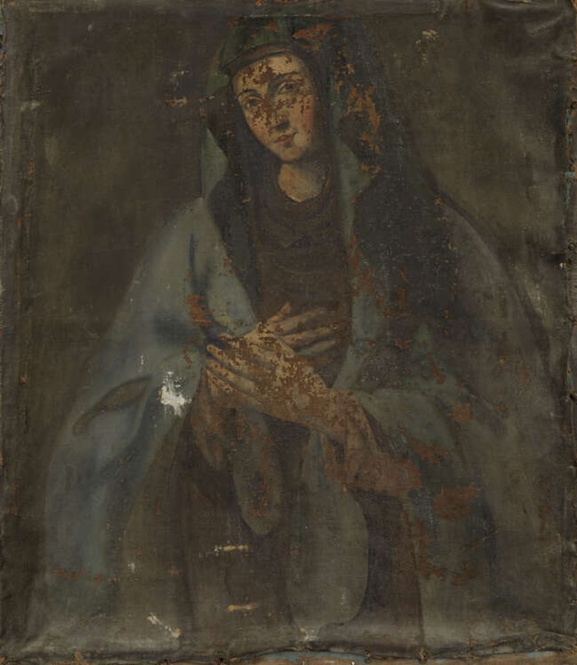 Portrait of a female Saint standing half-length in blue robes by Italian School