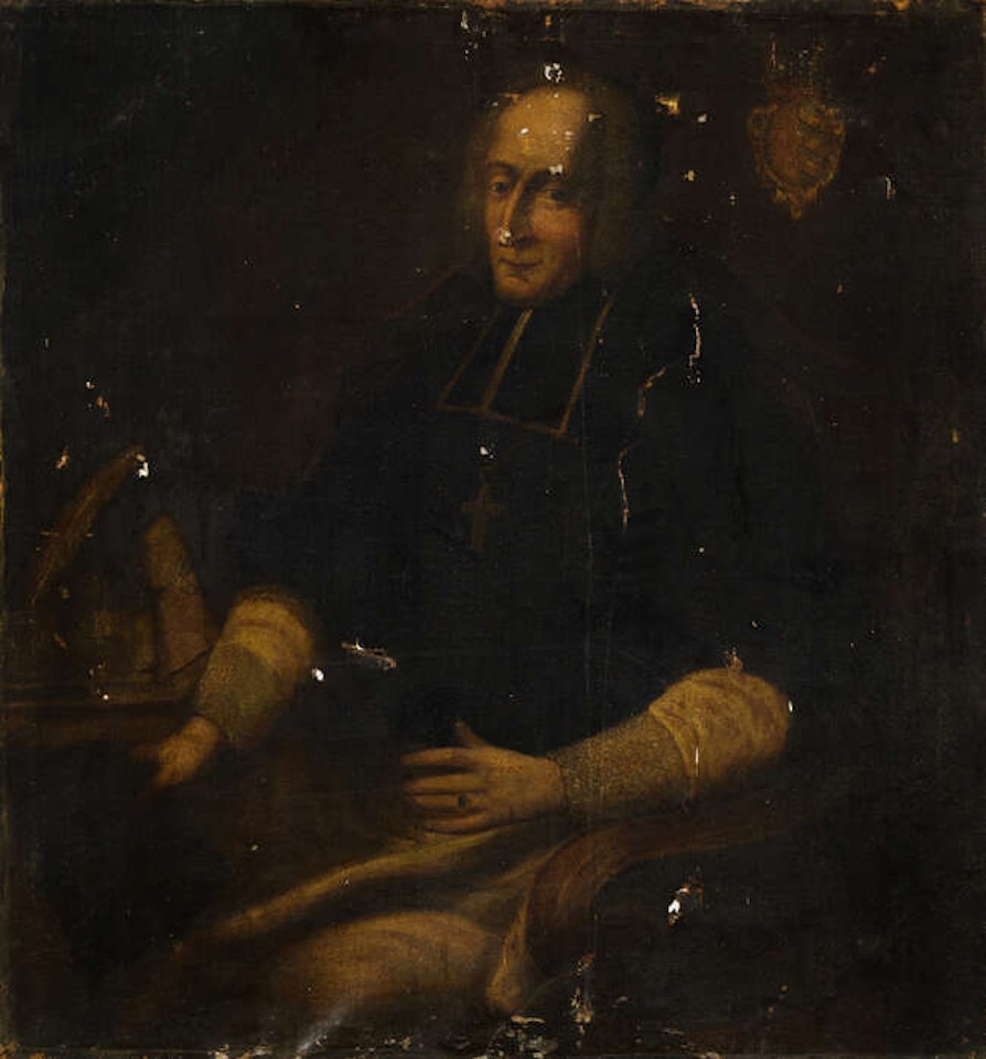 Portrait of a cleric seated half-length turned to the left, with armorial crest by Italian School