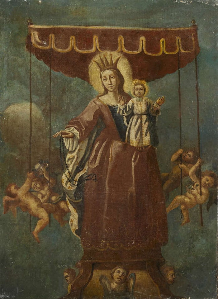 The Assumption of the Virgin and Child with a canopy held aloft by cherubin by Italian School