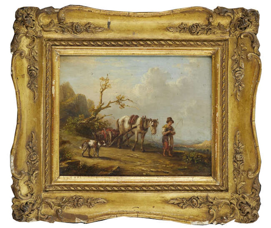 Girl leading a pack horse with a dog by French School