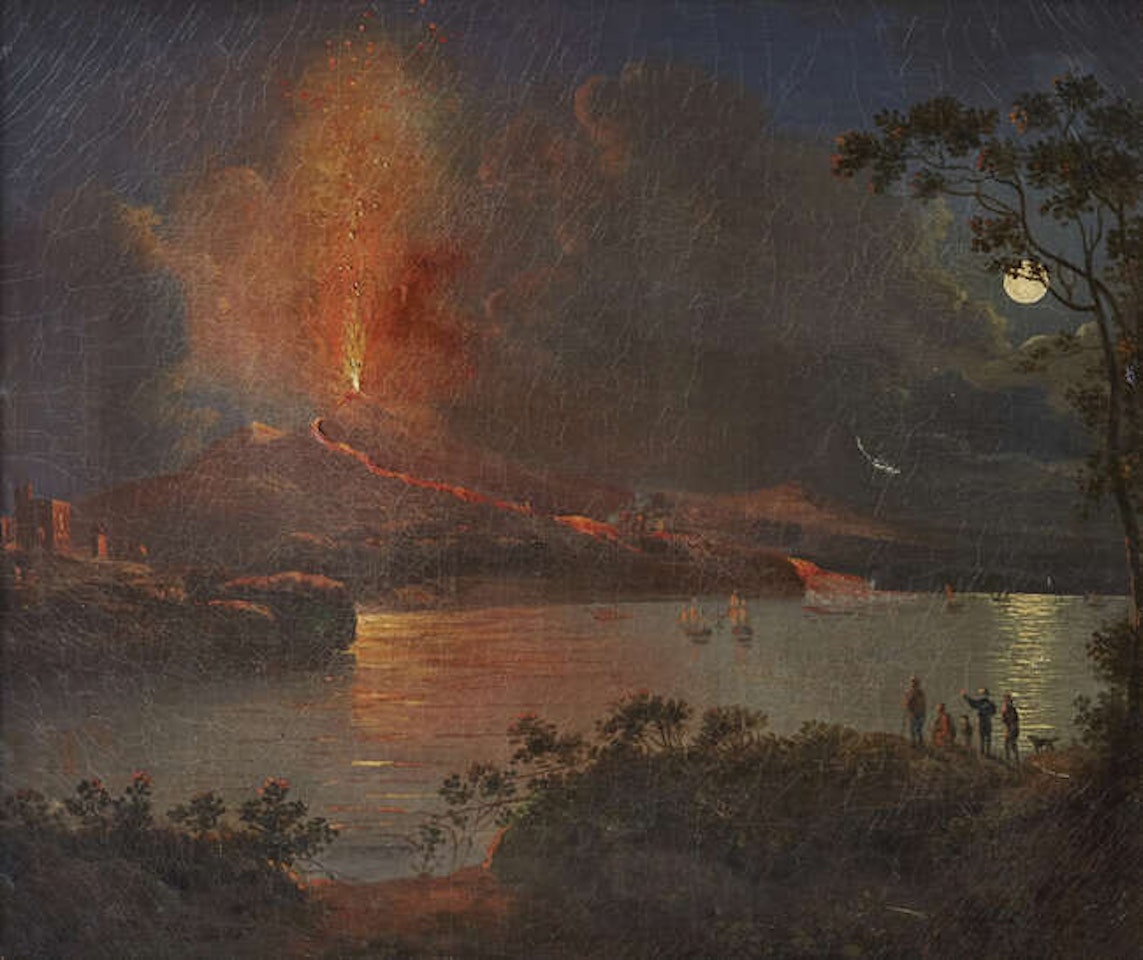 The Bay of Naples with Vesuvius erupting at night by Neapolitan School