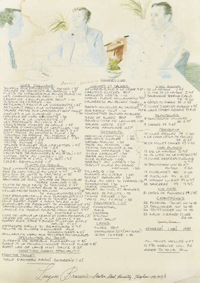 Langan's Brasserie Menu signed by David Hockney, Paul Kasmin, David Niven and Gregory Evans by David Hockney