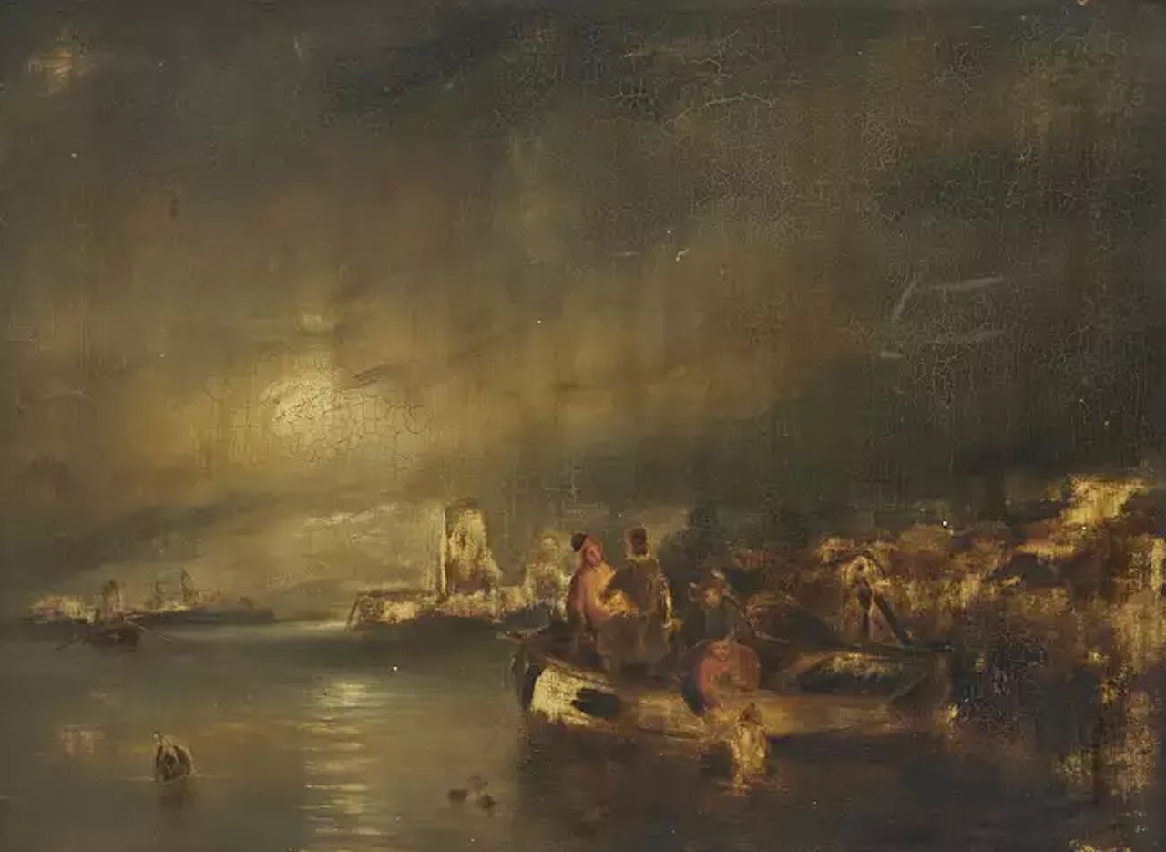 Nocturnal coastal scene with fishermen by Petrus van Schendel