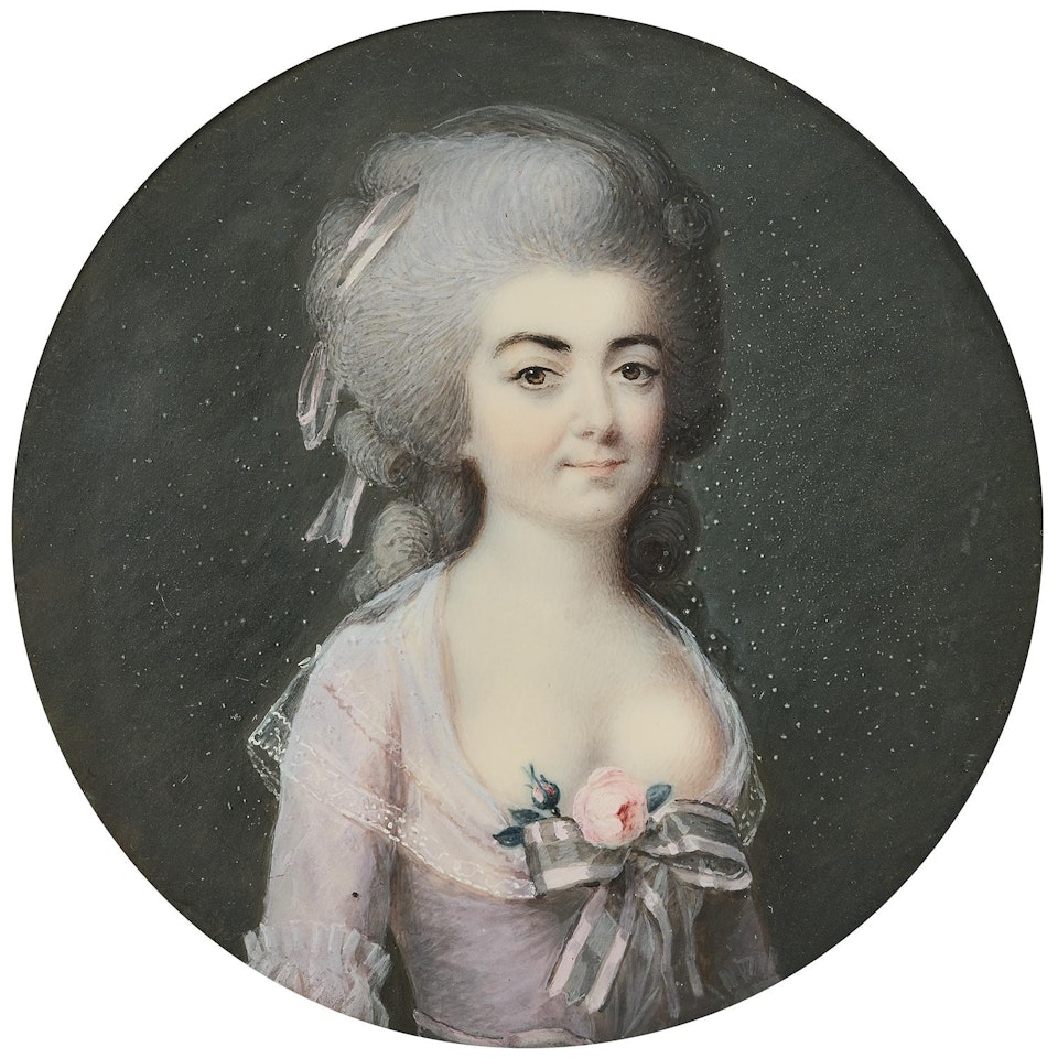 JEUNE FEMME EN ROBE ROSE, ROSE ET NŒUD AU CORSAGE by French School