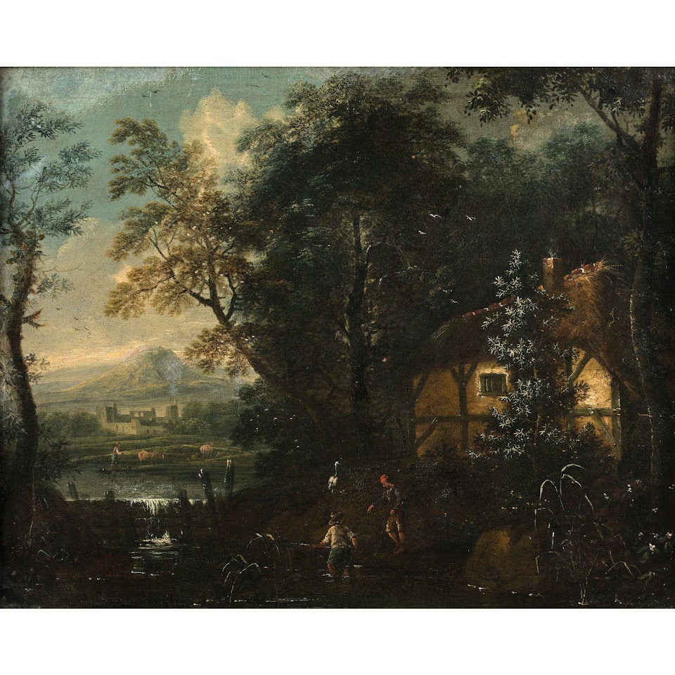 PAYSAGE DE CHAUMIERE AVEC DES PECHEURS; Landscape with a cottage and fishermen by German School