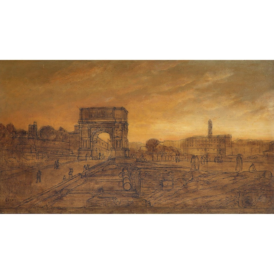 VUE DU FORUM AVEC L"ARC DE TITUS; view of the forum with Titus" arc by French School