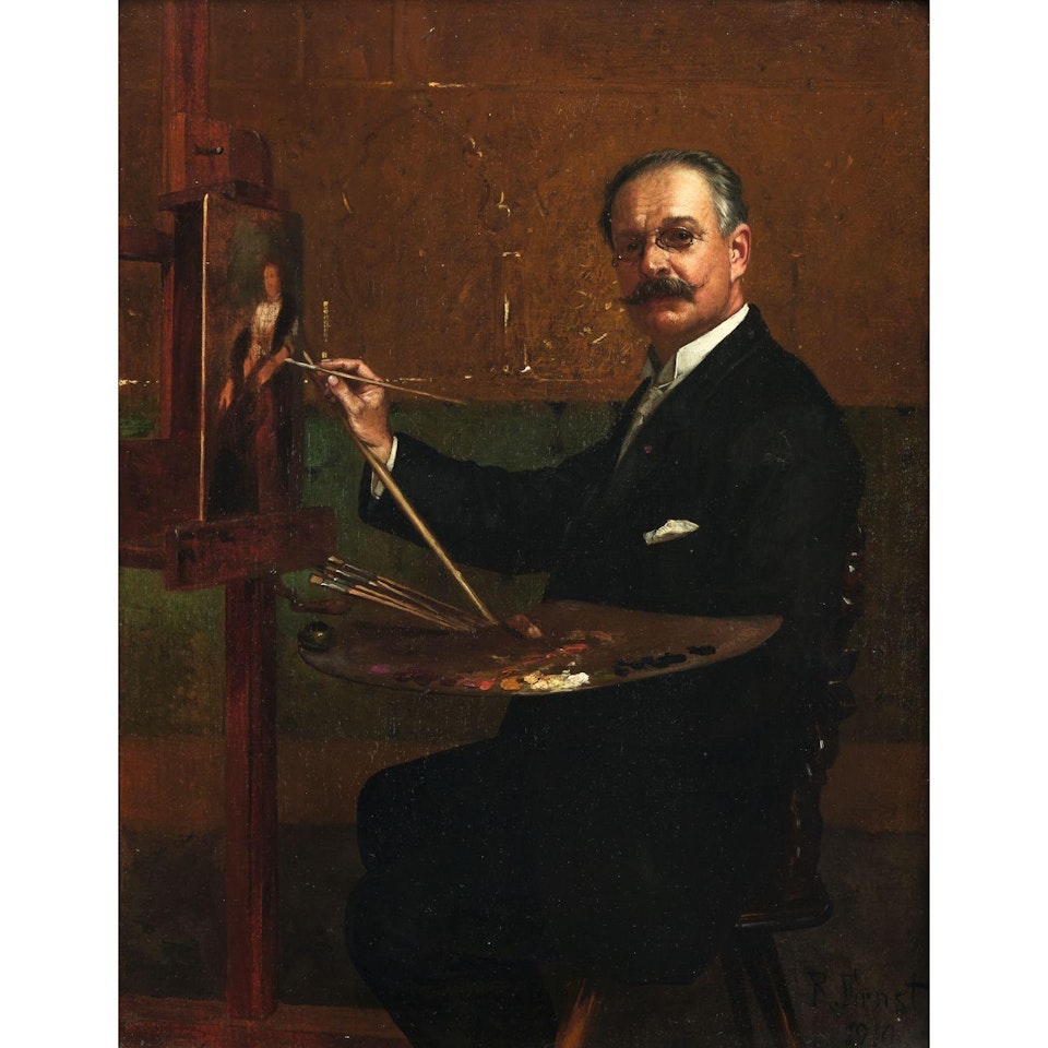 PORTRAIT DE ANNA ERNST, FEMME DU PEINTRE; PORTRAIT OF ANNA ERNST, PAINTER"S WIFE; AUTOPORTRAIT À LA PALETTE; SELF-PORTRAIT WITH A PALETTE by Rudolf Ernst