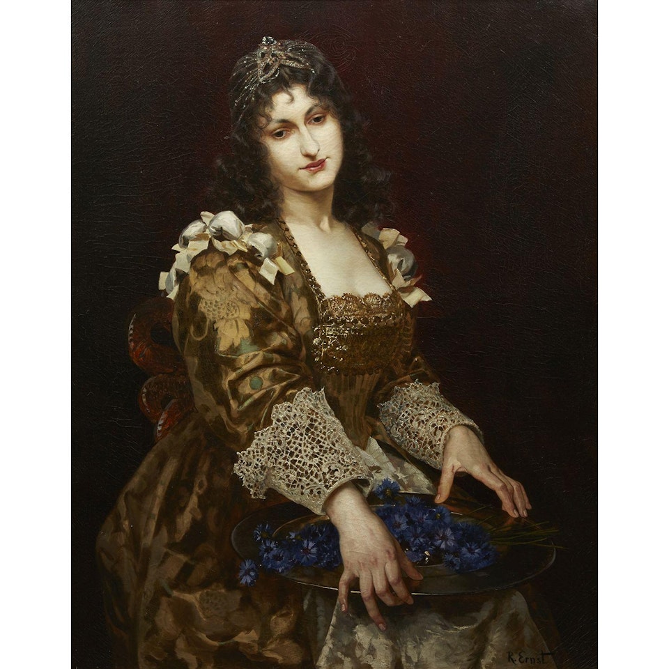 HILDA AUX ASTERS BLEUES; HILDA WITH BUTTERFLY BLUE FLOWERS by Rudolf Ernst
