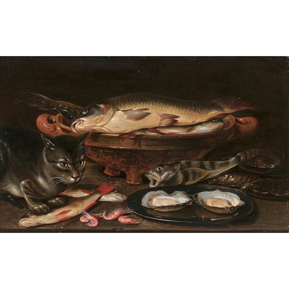 STILL LIFE WITH PERCH, CARP, OYSTERS AND FRESHWATER FISH by Flemish School