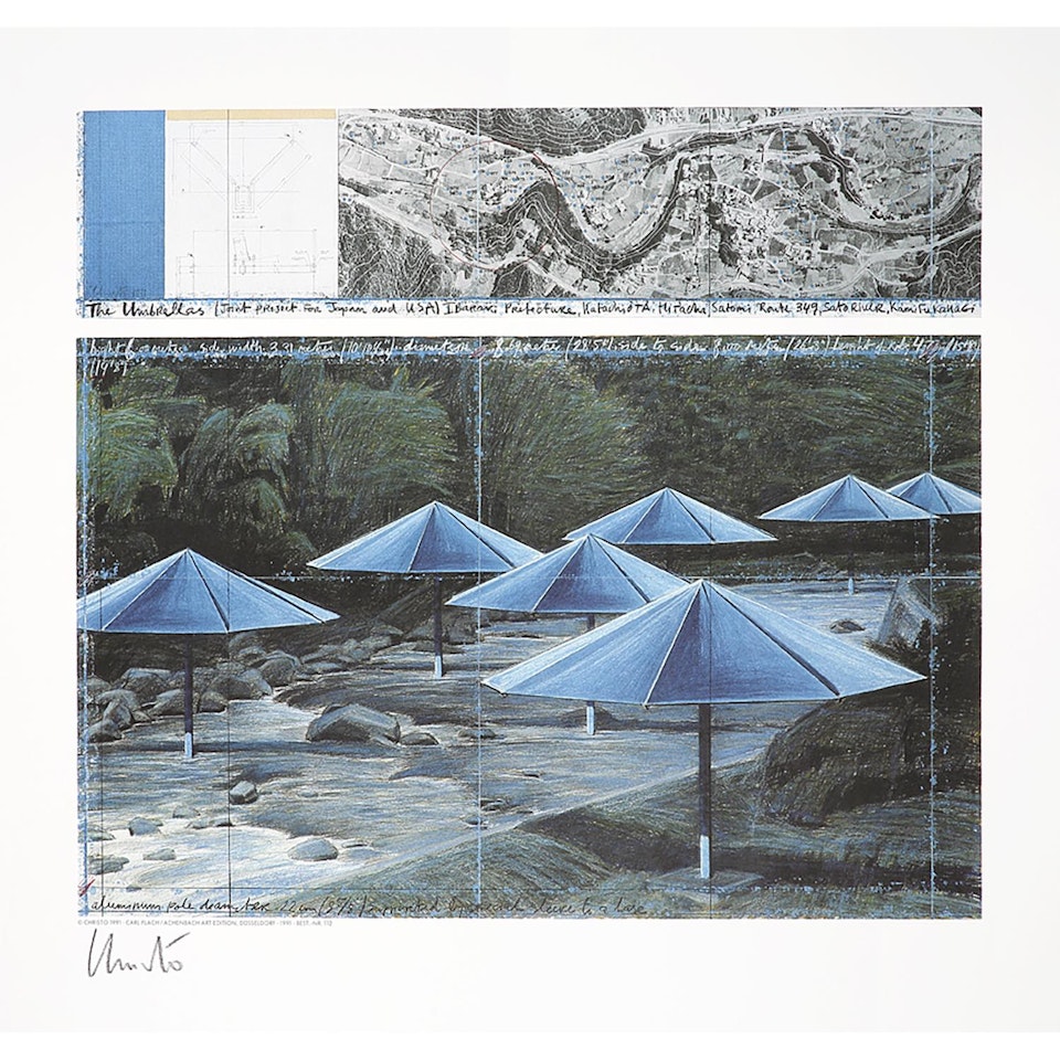WITH FABRIC APPLICATION, BLUE UMBRELLA by Christo