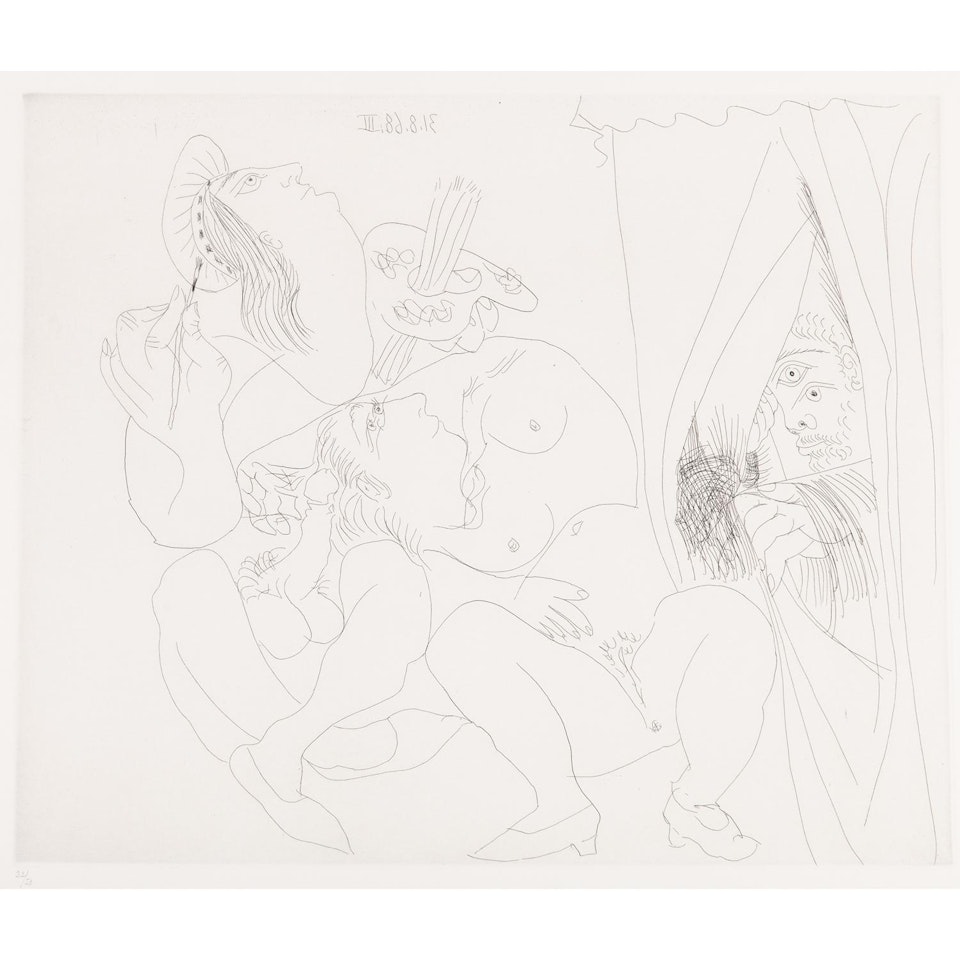 RAPHAËL ET LA FORNARINA V : Avec voyeur écartant le rideau, pl. 30, 31.8.68 III by Pablo Picasso