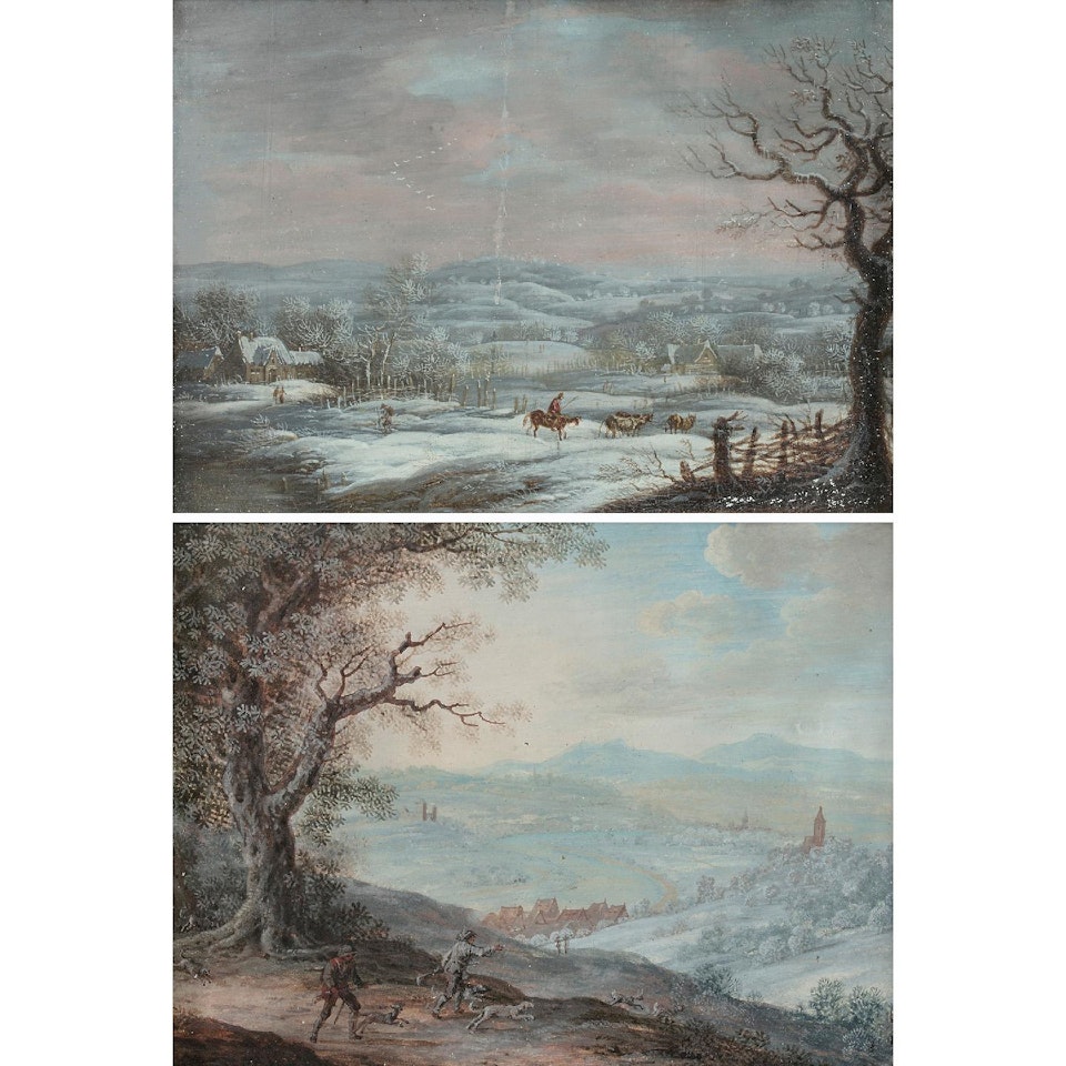 CHASSEUR A L"ABORD D"UN VILLAGE ; LA RENTREE D"UN TROUPEAU SOUS LA NEIGE; Hunter approaching a village ; The re-entry of a herd under the snow by German School