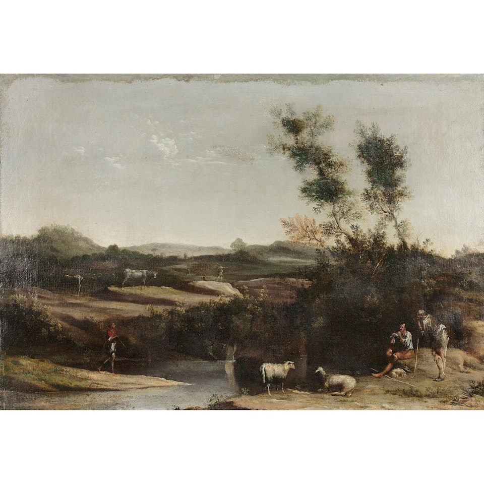 PAYSAGE AUX BERGERS; Landscape with shepherds by Italian School