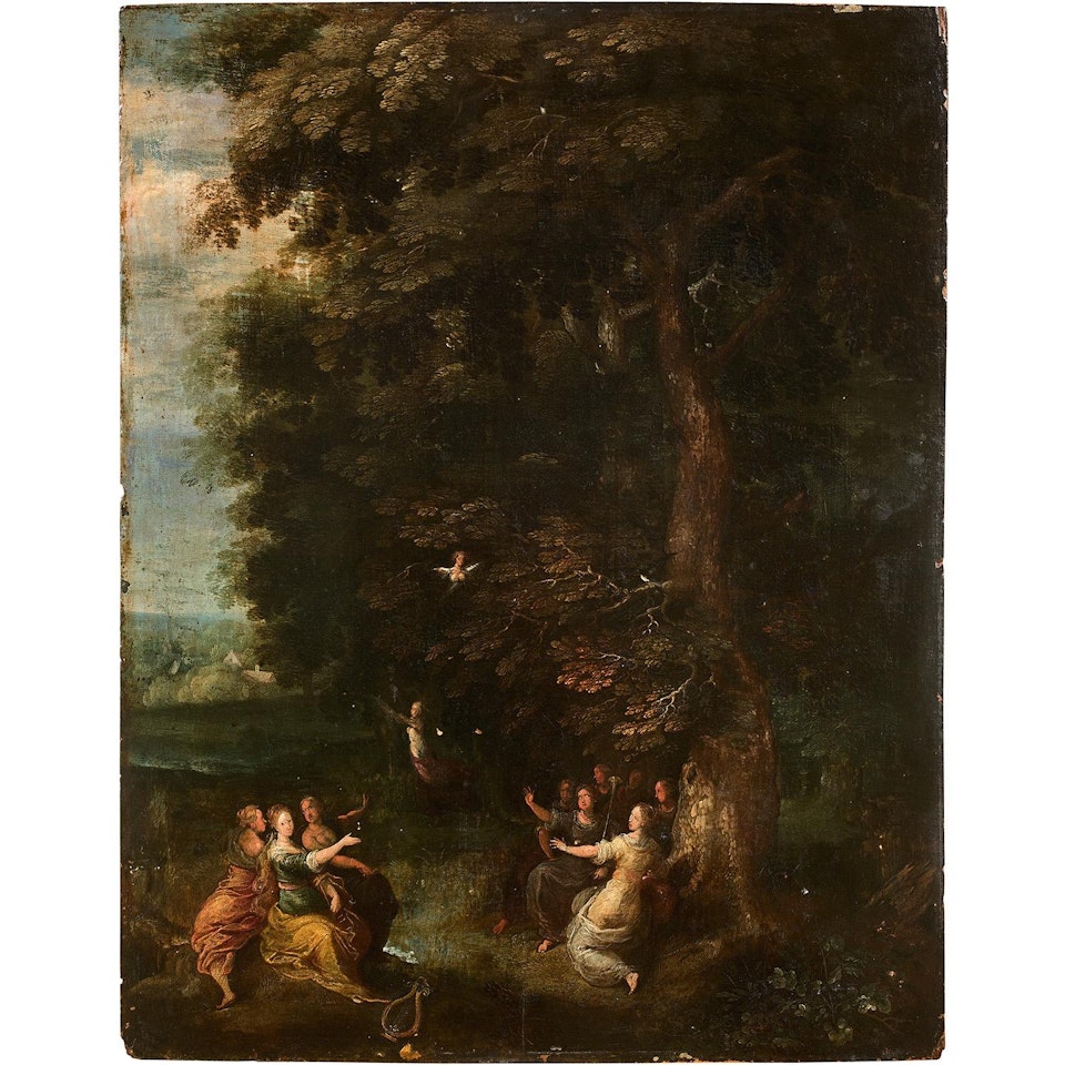 PAYSAGE BOISÉ AVEC MUSES ET PIÉRIDES; Forest landscape with Muses and Pierides by Abraham Govaerts