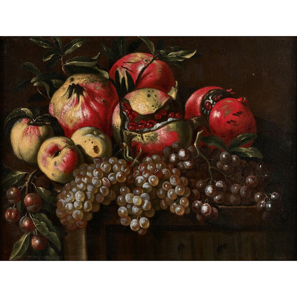 NATURE MORTE AUX GRENADES ET RAISINS; Still life with pomegranates and grapes by Italian School